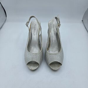 Pierre Dumas Womens Silver/Glitter Ankle Strap Dress High Heels- 8 1/2 preowned